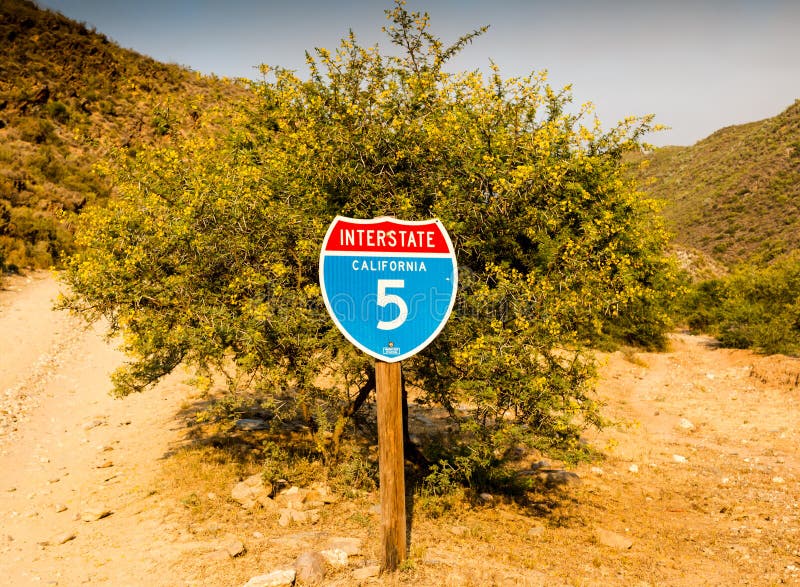 California interstate 5 traffic sign in front of desert thorn tr stock image California interstate 5 traffic sign in front of desert thorn tr stock image