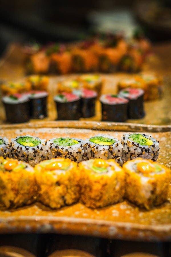 California Maki Roll Sushi Platter with Many Different Kinds of California Sushi Maki Rolls