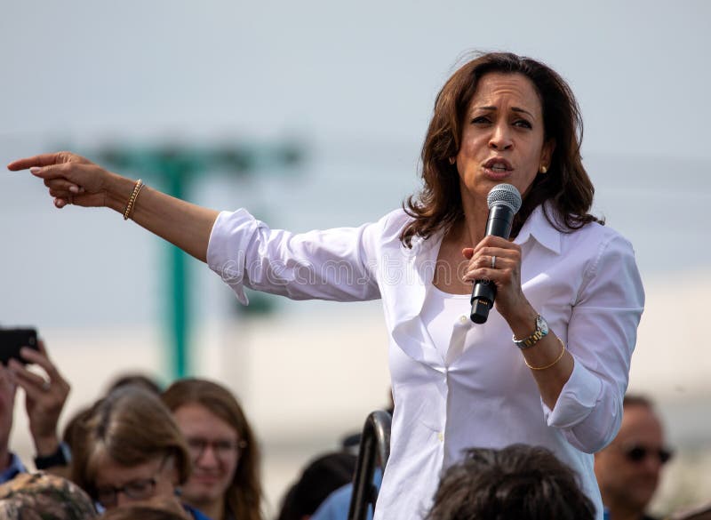 Des Moines, Iowa / USA - August 10, 2019: United States Senator and Democratic presidential candidate Kamala Harris greets supporters at the Iowa State Fair political soapbox in Des Moines, Iowa. Des Moines, Iowa / USA - August 10, 2019: United States Senator and Democratic presidential candidate Kamala Harris greets supporters at the Iowa State Fair political soapbox in Des Moines, Iowa