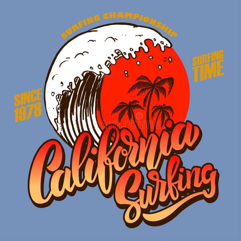 California Surfing. Emblem Template with Sea Waves and Palms. Design ...