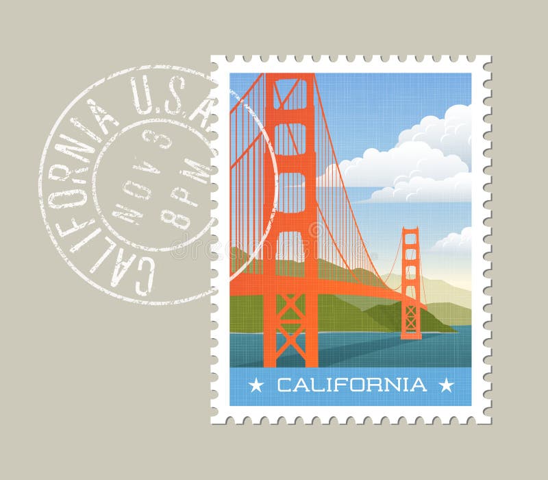 California postage stamp design. Vector illustration of golden gate bridge. Grunge postmark on separate layer. California postage stamp design. Vector illustration of golden gate bridge. Grunge postmark on separate layer