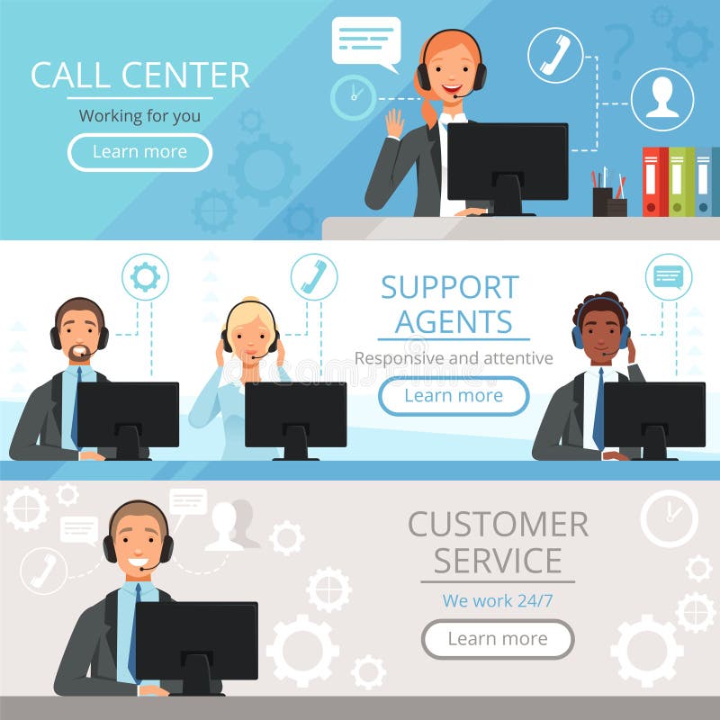 Call center banners. Support agents characters customer service phone helping operators vector cartoon illustrations. Support assistance, help service. Operators vectors