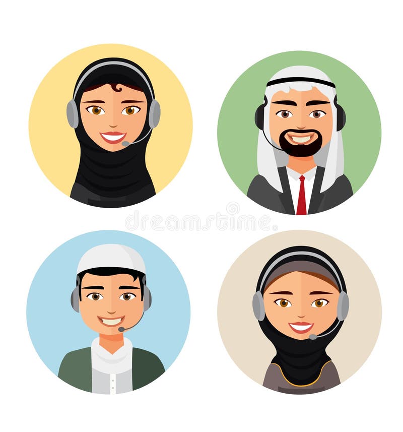 Call-Center-Betreiber mit der Leuteikone des Kopfhörers arabischem arabischem Mann und Frau und des Kundenservice-Kundenbetreuung