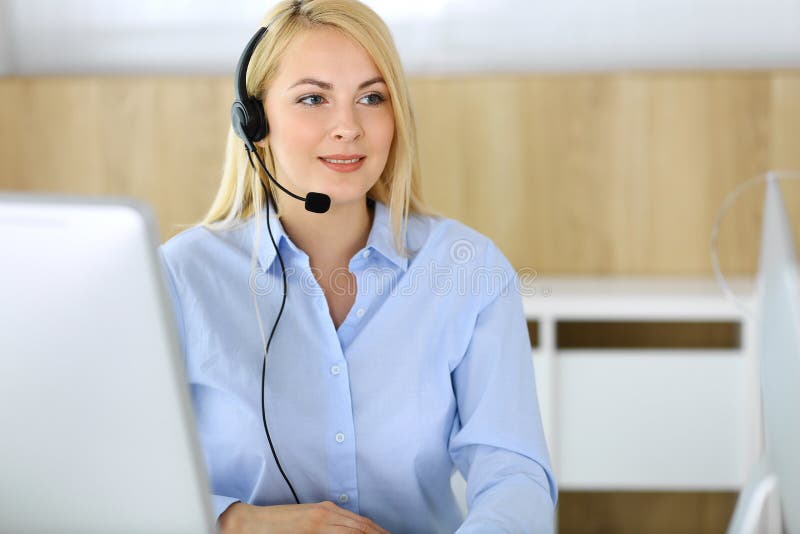 Call Center. Blonde Business Woman Sitting in Headset at Customer Service  Office Stock Photo - Image of help, background: 176443542