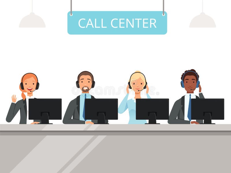 Call center characters. Business customer service agents operator in headset sitting front laptop computers vector characters. Illustration of support center call, service help operators man and woman. Operators vectors