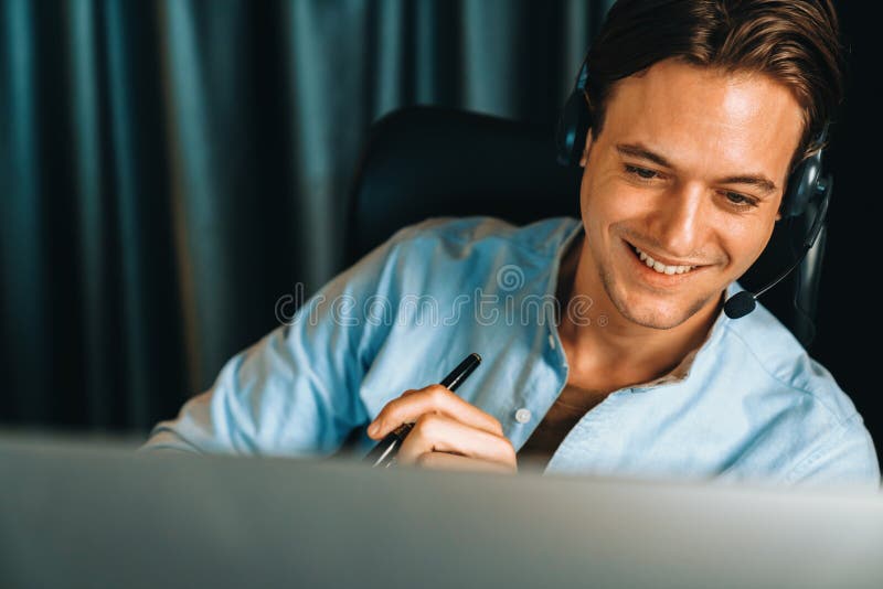 Call center consulting with customer on headphones on business graph. Pecuniary. royalty free stock images