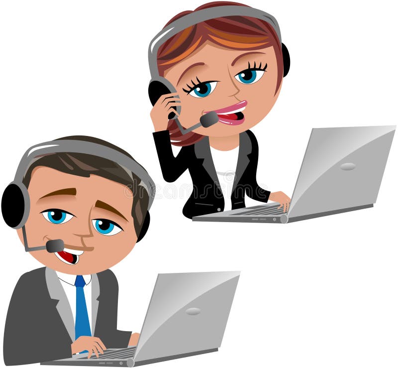 Illustration featuring Bob and Meg working as call center operators with notebook and headset isolated on white background. Eps file is available. You can find other illustrations featuring these characters in my portfolio. Operators vectors