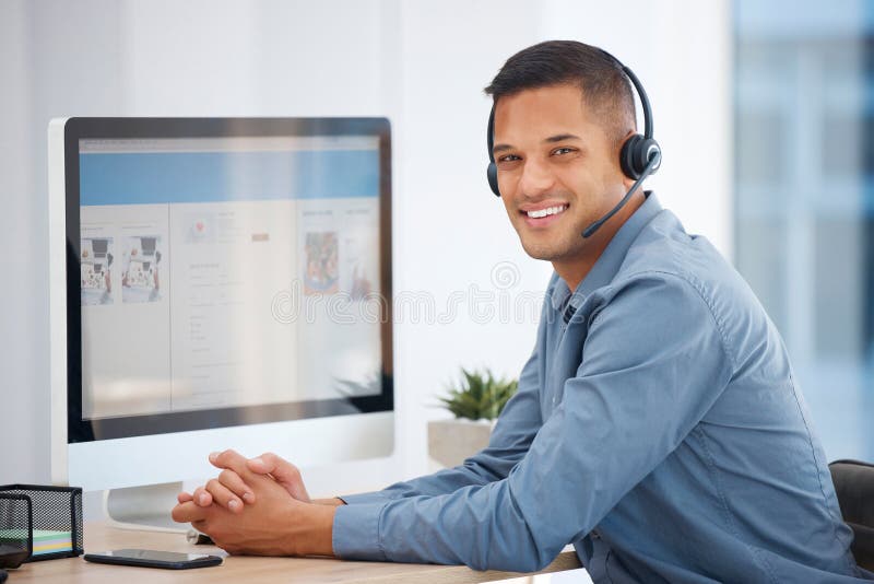 Call center portrait, computer or friendly man in communication for telecom customer services. Smile, contact or happy