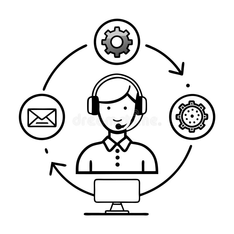A call center representative provides support through email and technical assistance with a computer, 24 7 Customizable Isometric stock illustration