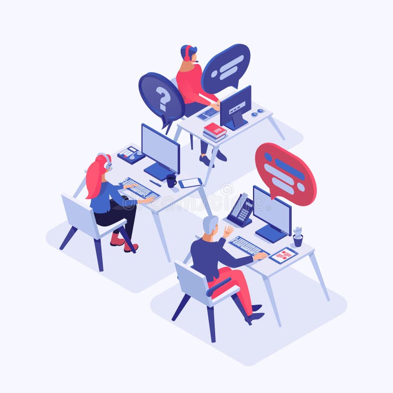 Call center vector isometric illustration. Customer service operators with headset consulting clients, managers 3d stock illustration