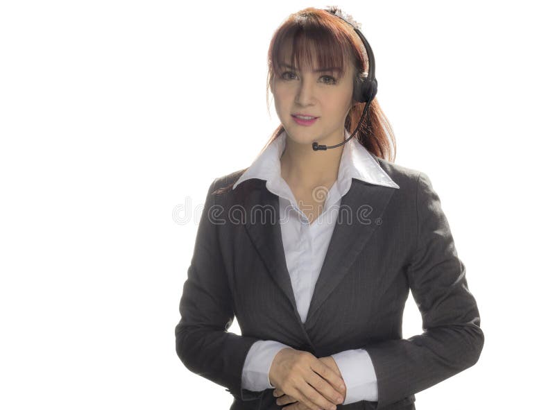 Call center woman, smiling business woman, customer Service Agent with headset isolated on a white background