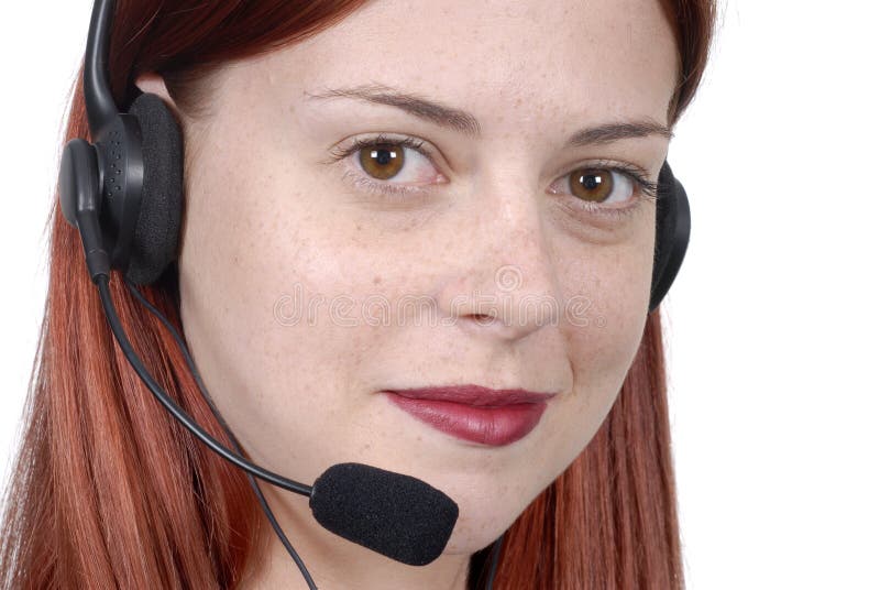 Female young adult call center woman telephone headset, close up, white background stock photography Female young adult call center woman telephone headset, close up, white background stock photography