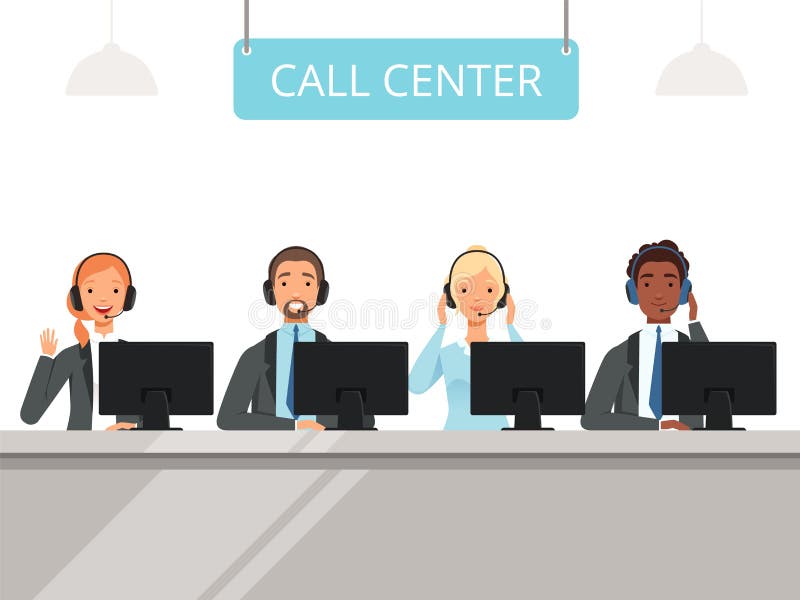 Call centrekarakters De agentenexploitant die van de zakelijke klantdienst in hoofdtelefoon voorlaptop computersvector zitten