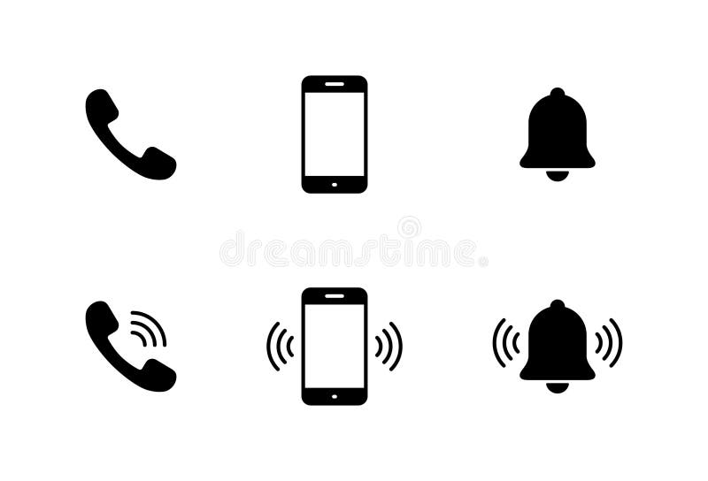 Call and notification icon. Phone, smartphone, and alert bell symbol stock illustration