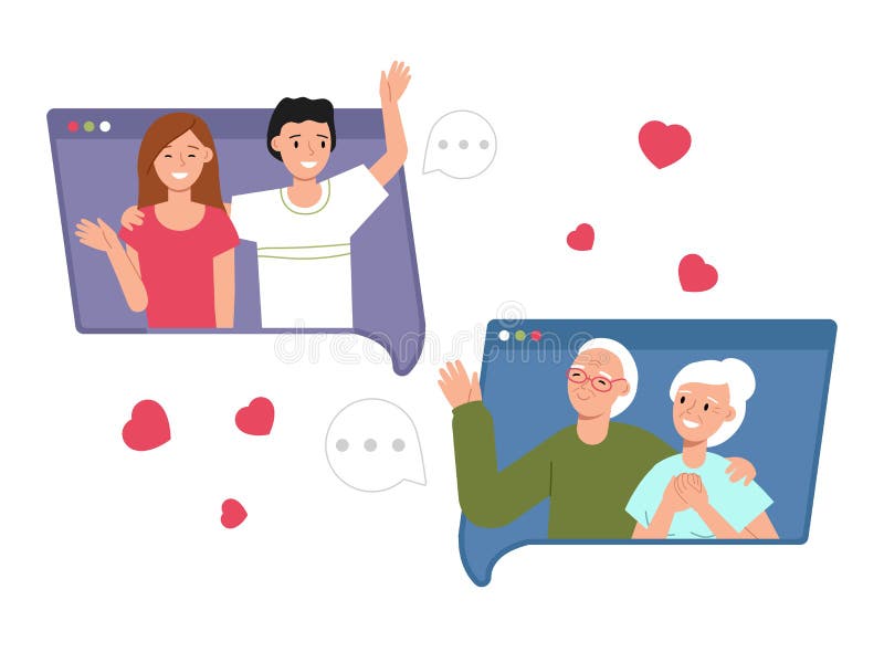 Call to grandparents. Happy family, parents talk with children online. Computer communication, virtual video chatting. Adults decent vector characters. Illustration of happy family communication
