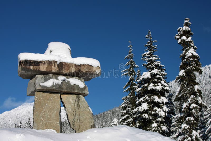 An Inukshuk (symbol of the 2010 winter olympic games and a traditional native sculpture) stands in the Callaghan Valley, site of the Nordic events.