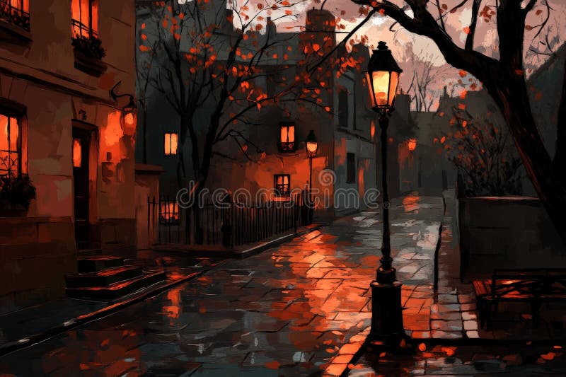 Calle adoquinada de ambiente nocturno con brillantes farolas y fachadas rústicas que crean una ciudad nostálgica y misteriosa stock de ilustración