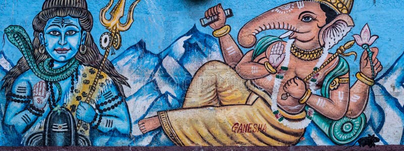 Calle Art Mural de dioses hindúes en Varanasi, la India fotos de archivo Calle Art Mural de dioses hindúes en Varanasi, la India fotos de archivo