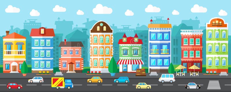 Calle de la ciudad vectorial en un diseño plano stock de ilustración