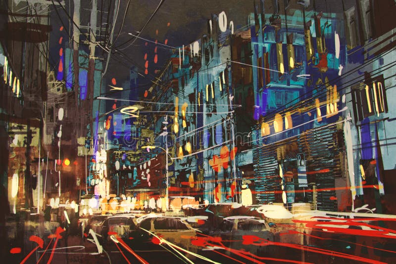 Calle de la ciudad en la noche con las luces coloridas ilustración del vector