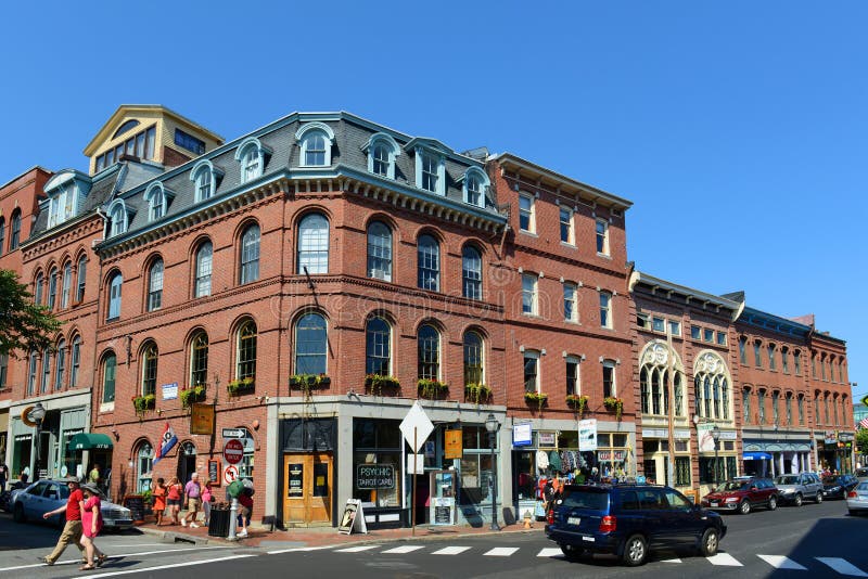 Portland Fore Street at Old Port, Portland, Maine, USA. Old Port is filled with 19th century brick buildings and is now the commercial center of the city. Portland Fore Street at Old Port, Portland, Maine, USA. Old Port is filled with 19th century brick buildings and is now the commercial center of the city