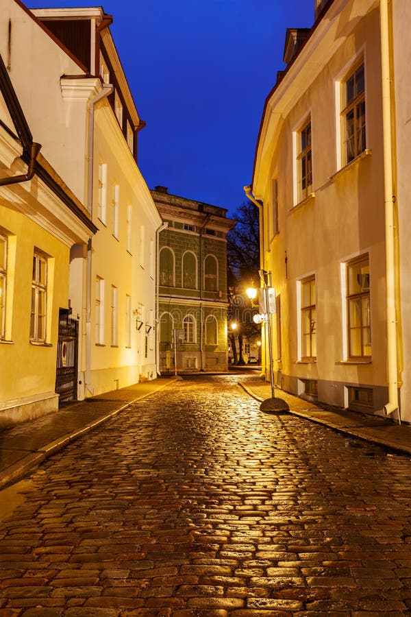 Tallinn Old Town street with cobblestones in night, Estonia. Tallinn Old Town street with cobblestones in night, Estonia