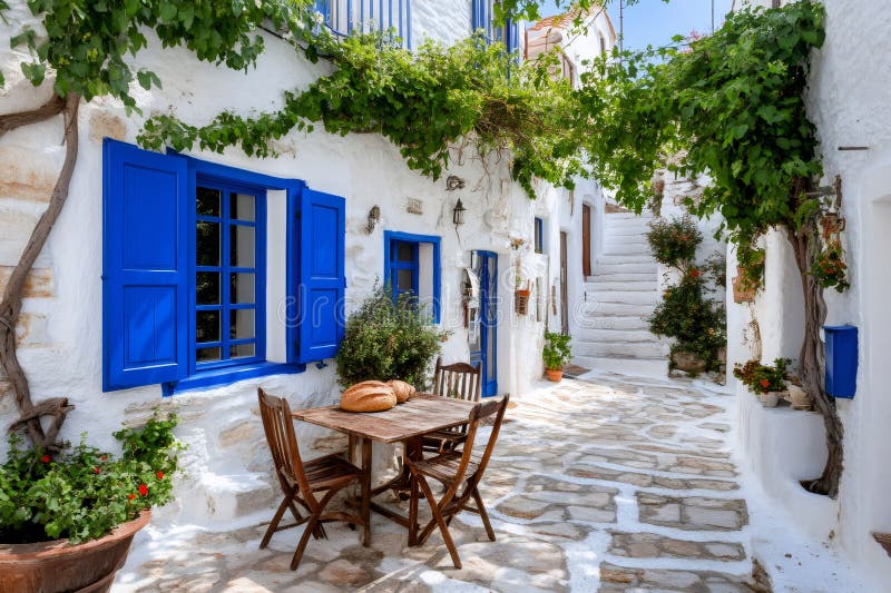 Calle griega con casas blancas y ventanas azules con una mesa de madera con pan stock de ilustración