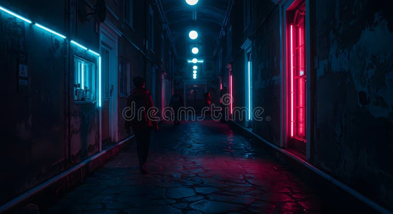 Calle misterioso iluminado por luces de neón crea un paisaje urbano atmosférico por la noche. IA generativa ilustración del vector