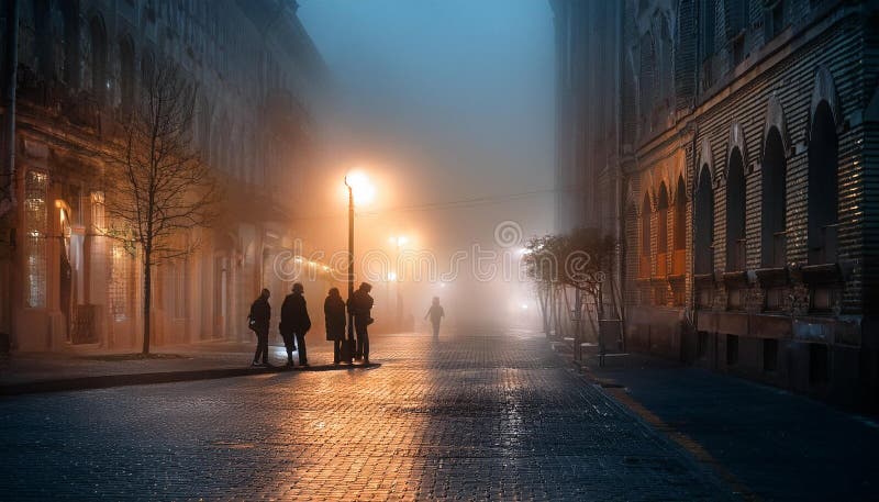 Calle nocturna neblina : figuras de silueta en una misteriosa escena urbana stock de ilustración