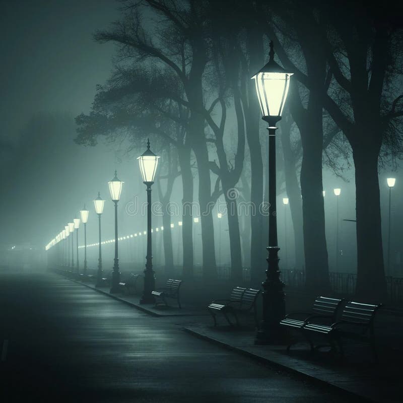 Calle nocturna nebulosa con lámparas de calle vintage y bancos de fotografía de escena urbana misteriosa stock de ilustración