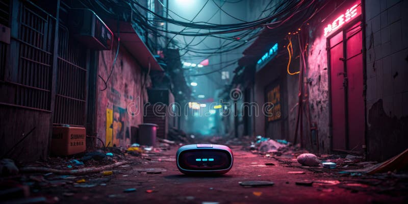 Calle urbano misterioso iluminado por luces de neón y escombros dispersos por la noche libre illustration