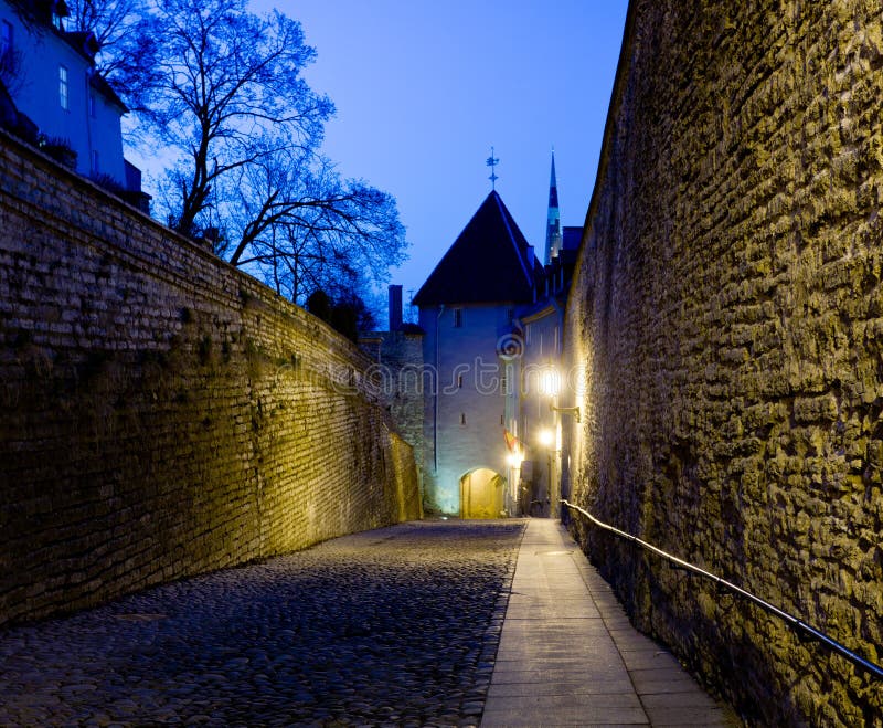 Cobbled street leaving Toompea area of Tallinn in Estonia at dusk. Cobbled street leaving Toompea area of Tallinn in Estonia at dusk