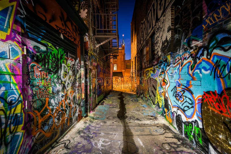 Graffiti Alley at night, in the Station North District, of Baltimore, Maryland. Graffiti Alley at night, in the Station North District, of Baltimore, Maryland.