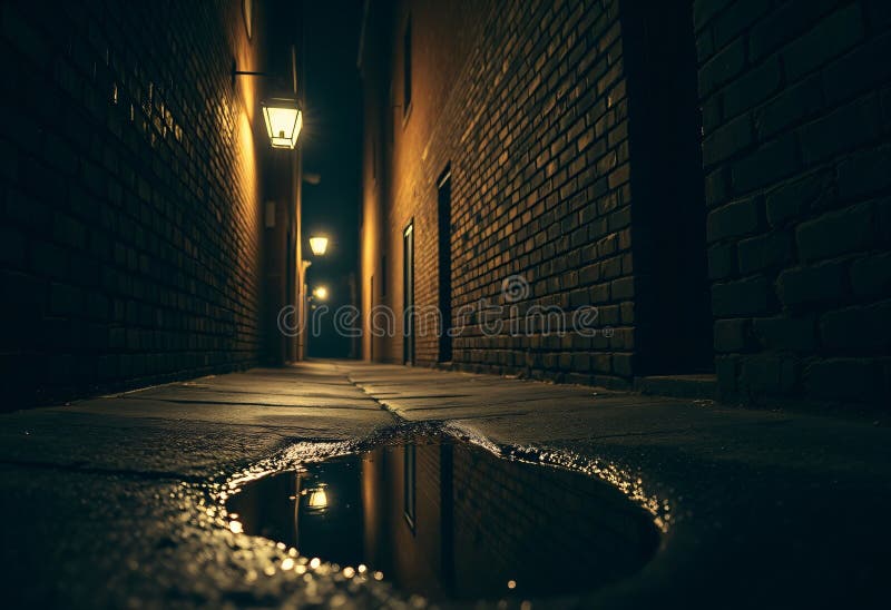 Callejón nocturno con reflexiones ilustración del vector