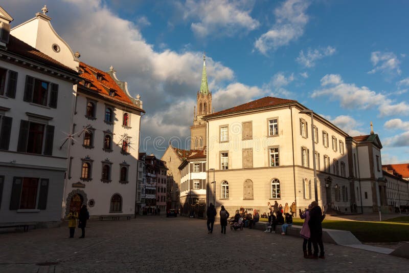 ST. GALLEN, SWITZERLAND - JANUARY 3, 2024: Streets of St. Gallen. The Charming city and also Unesco heritage sites in Switzerland. ST. GALLEN, SWITZERLAND - JANUARY 3, 2024: Streets of St. Gallen. The Charming city and also Unesco heritage sites in Switzerland