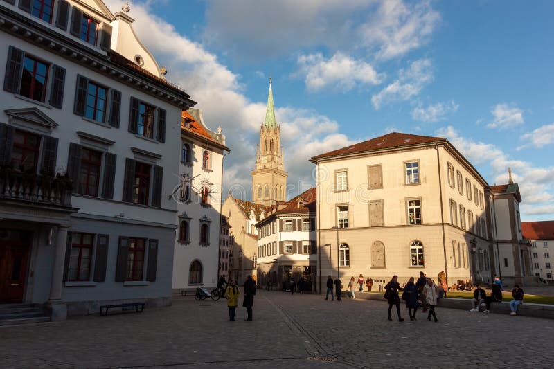 ST. GALLEN, SWITZERLAND - JANUARY 3, 2024: Streets of St. Gallen. The Charming city and also Unesco heritage sites in Switzerland. ST. GALLEN, SWITZERLAND - JANUARY 3, 2024: Streets of St. Gallen. The Charming city and also Unesco heritage sites in Switzerland