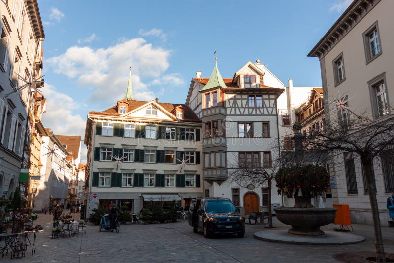 ST. GALLEN, SWITZERLAND - JANUARY 3, 2024: Streets of St. Gallen. The Charming city and also Unesco heritage sites in Switzerland. ST. GALLEN, SWITZERLAND - JANUARY 3, 2024: Streets of St. Gallen. The Charming city and also Unesco heritage sites in Switzerland