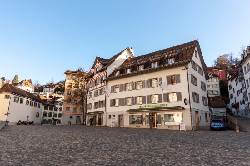 ST. GALLEN, SWITZERLAND - JANUARY 3, 2024: Streets of St. Gallen. The Charming city and also Unesco heritage sites in Switzerland. ST. GALLEN, SWITZERLAND - JANUARY 3, 2024: Streets of St. Gallen. The Charming city and also Unesco heritage sites in Switzerland