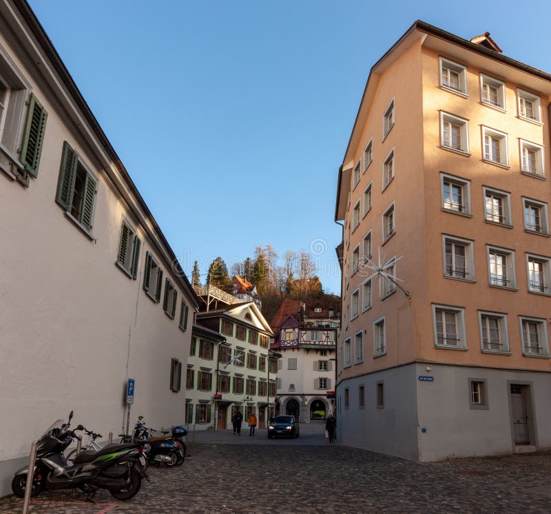 ST. GALLEN, SWITZERLAND - JANUARY 3, 2024: Streets of St. Gallen. The Charming city and also Unesco heritage sites in Switzerland. ST. GALLEN, SWITZERLAND - JANUARY 3, 2024: Streets of St. Gallen. The Charming city and also Unesco heritage sites in Switzerland