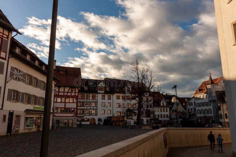 ST. GALLEN, SWITZERLAND - JANUARY 3, 2024: Streets of St. Gallen. The Charming city and also Unesco heritage sites in Switzerland. ST. GALLEN, SWITZERLAND - JANUARY 3, 2024: Streets of St. Gallen. The Charming city and also Unesco heritage sites in Switzerland