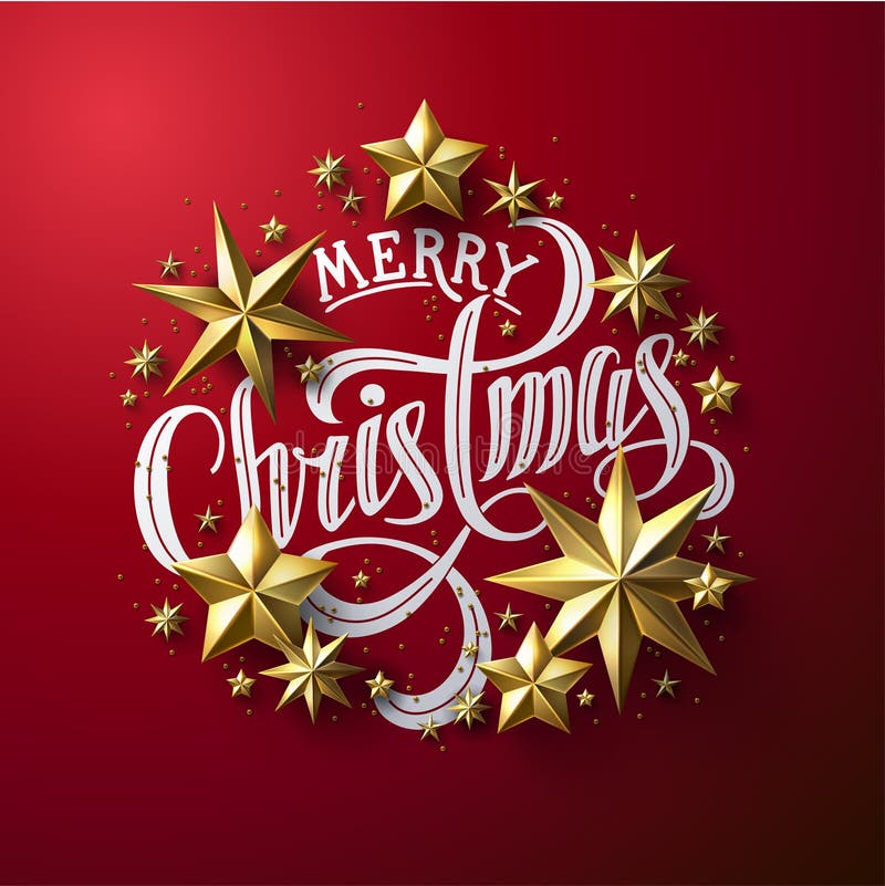 Calligraphic bokstäver för ` för glad jul för ` dekorerade med guld- stjärnor stock illustrationer