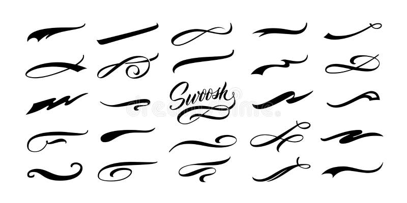 Text swooshes collection. Tail typography retro font graphic elements  baseball letters designs vector objects. Illustration black underline  swirl, swoosh stroke set Stock Vector