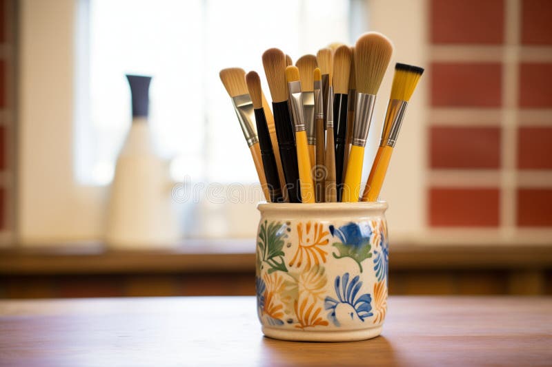 Calligraphy Brushes Stored Upright in a Ceramic Holder Stock Image