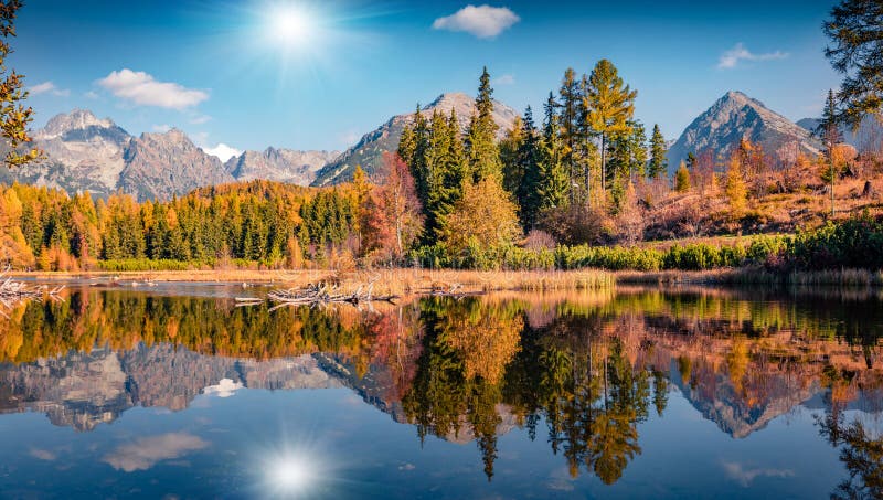 Calm  autumn view of Strbske pleso lake