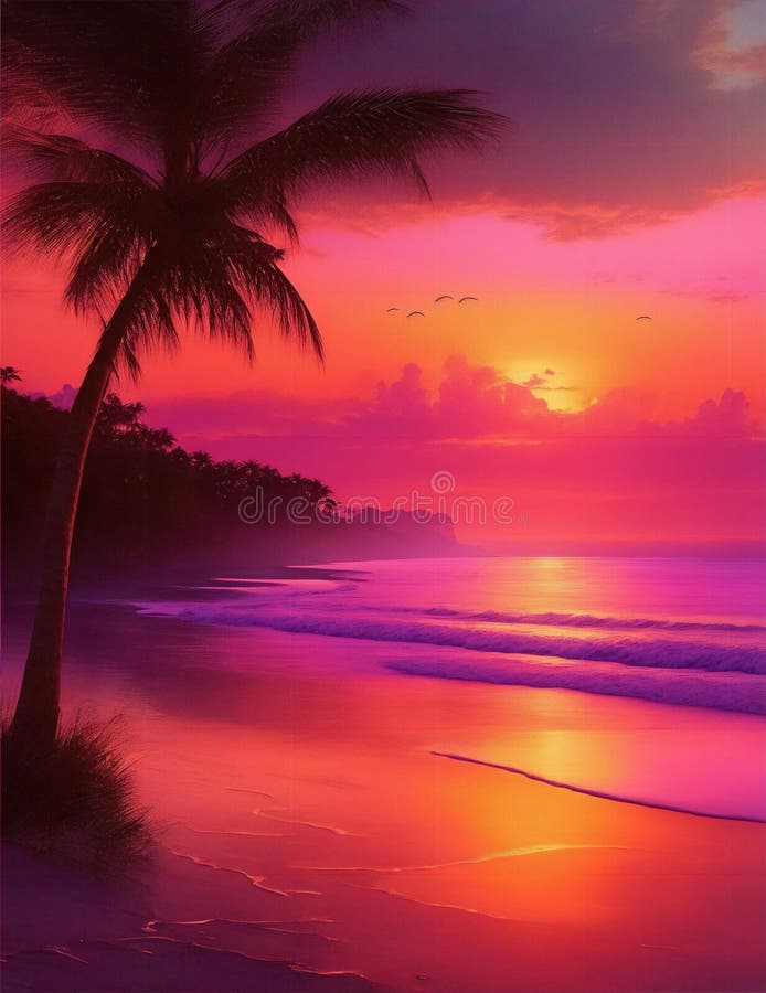 Calm Beach Scene at Sunset, Waves and Palm Trees Illustration Stock
