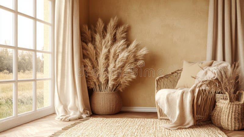 A calm, bohemian atmosphere pervades the rustic room, where a wicker chair, pampas grass, and potted plants are