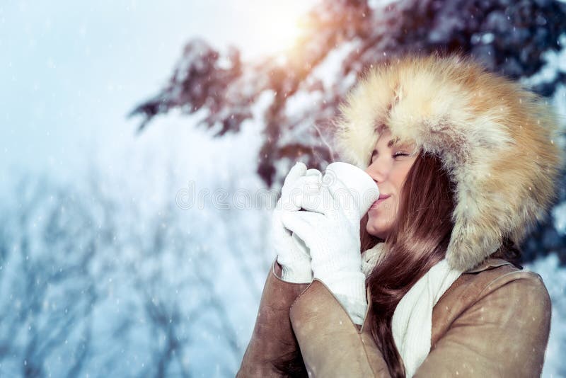 Drinking Tea in the Winter Park Stock Image - Image of portrait, adult ...