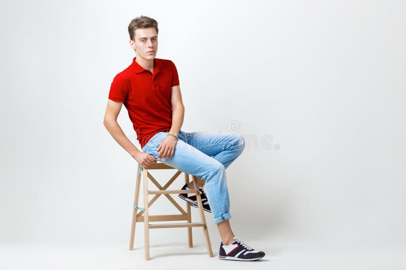 red shirt dark blue jeans