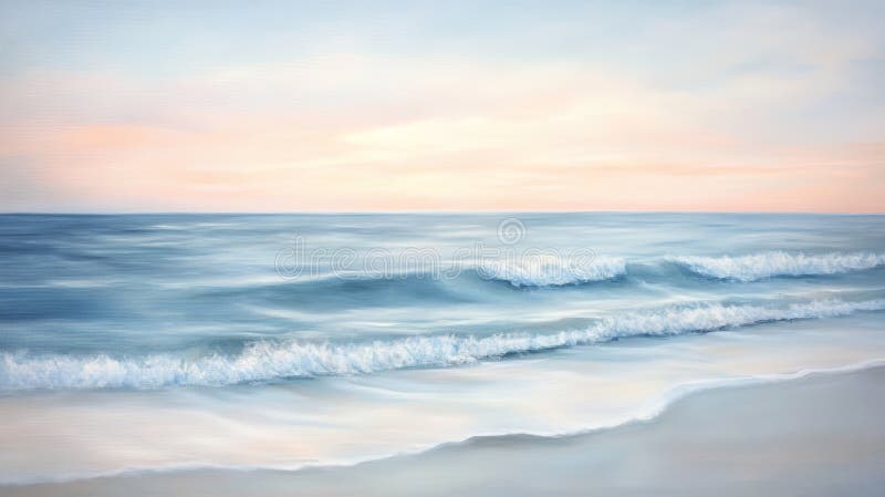 Calm ocean waves on sandy shore at sunrise stock photos