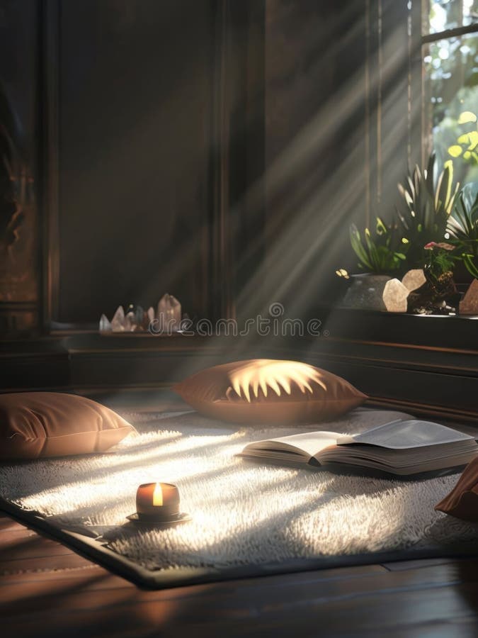 Calm reading corner with an open book, soft cushions, and a flickering candle. Sunlight filters through, providing a royalty free stock images